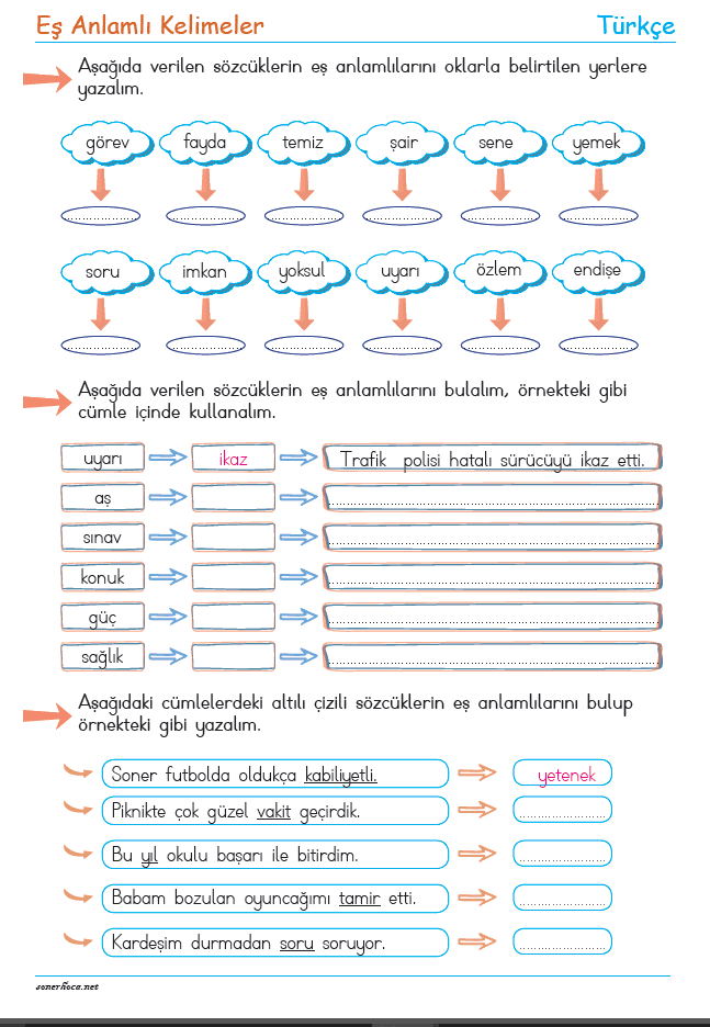 2. Sınıf Eş Anlamlı kelimeler-1 | Soner Hoca
