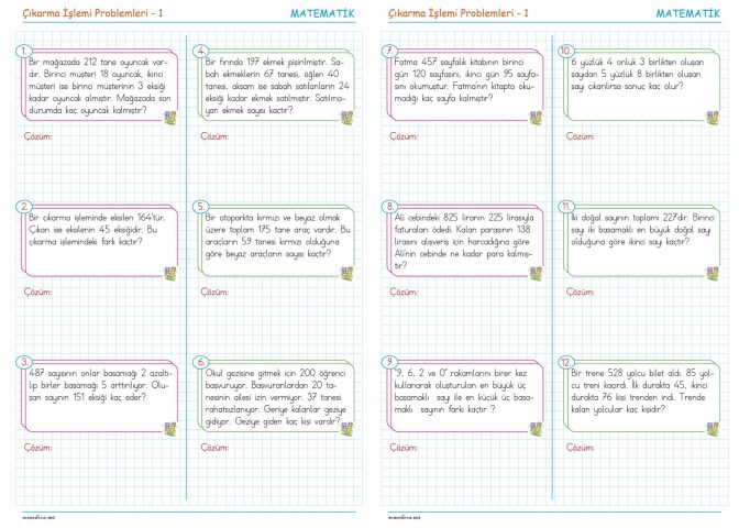 3 Sınıf çıkarma İşlemi Problemleri 1 Soner Hoca