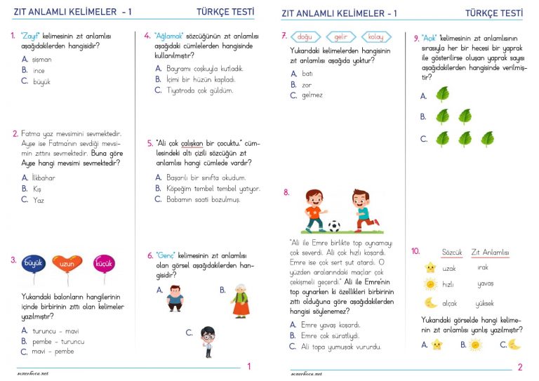 2. Sınıf Zıt Anlamlı Kelimeler Test PDF