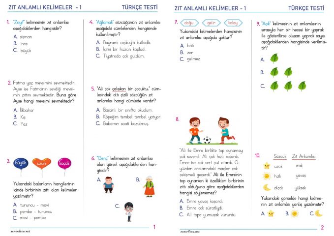 2. Sınıf Zıt Anlamlı Kelimeler Test PDF | Soner Hoca