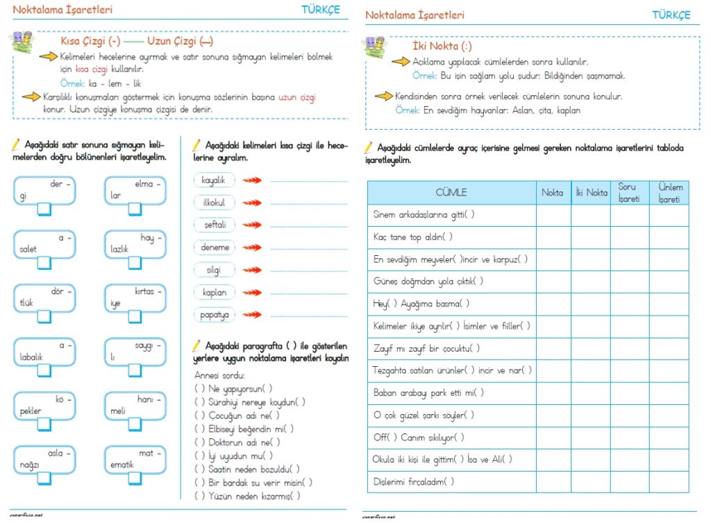 Noktalama işaretleri 3. sınıf (2) konu anlatımı, etkinlikleri, çalışma sayfaları, ödev olarak kullanılabilir test sayfaları pdf.