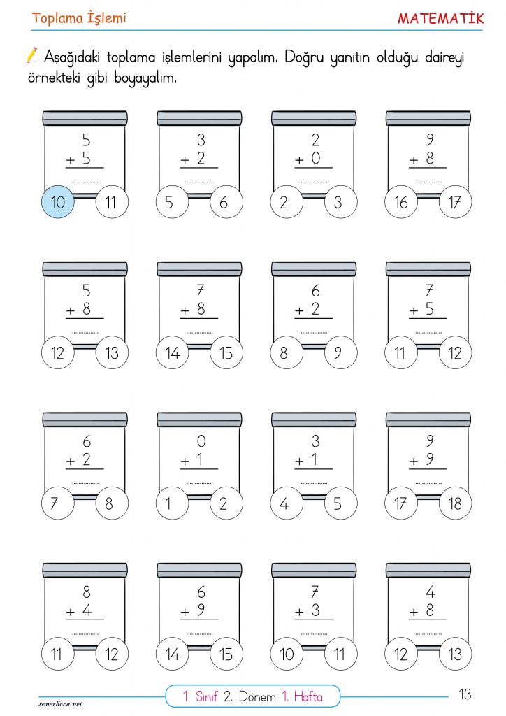 1. Sınıf Matematik Toplama İşlemi Etkinlikleri, Çalışma Kağıtları Pdf