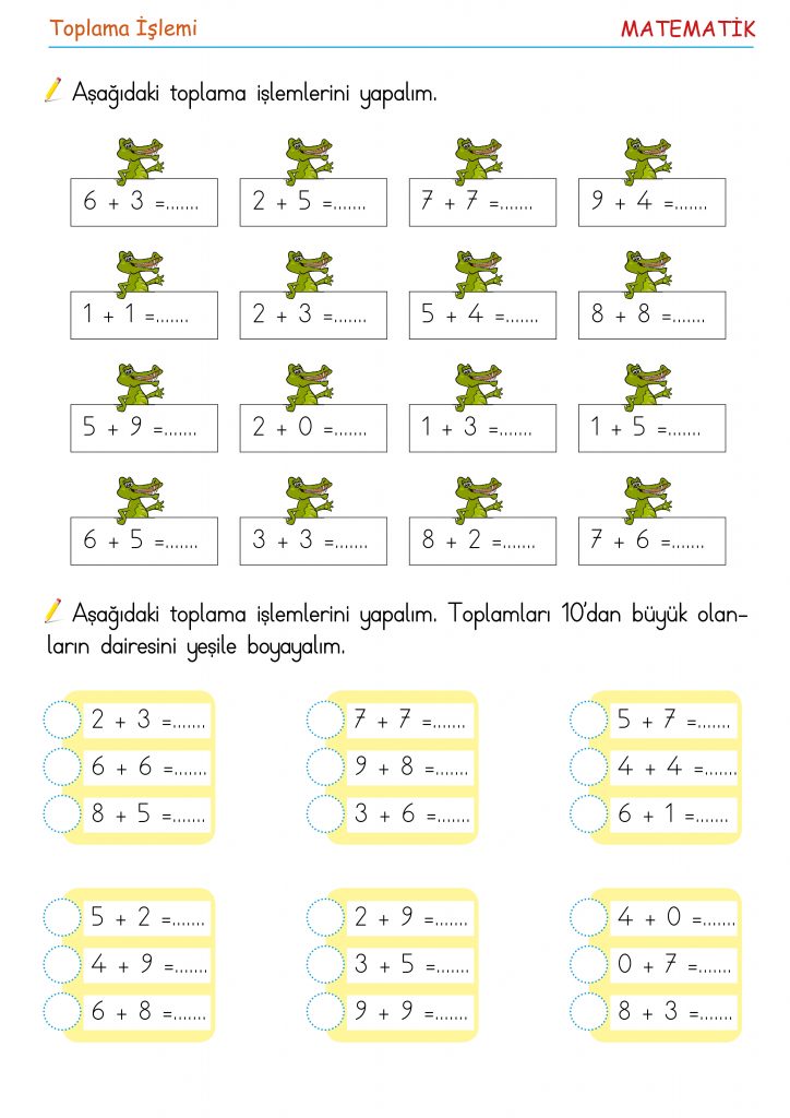 1. Sınıf Toplama İşlemi Etkinlikleri, Boyama Sayfaları, Çalışma Kağıdı Pdf